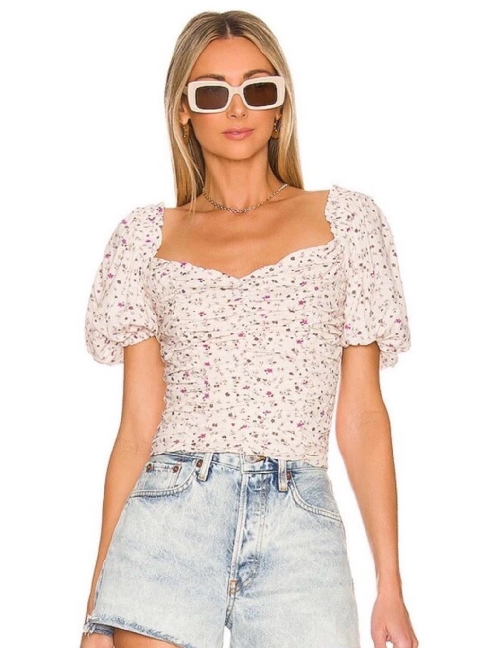 ASTR The Label Floral Ruched Puff Sleeve Smocked Top in Cream Lavender Ditsy XS